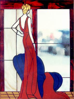 stained glass lady at window