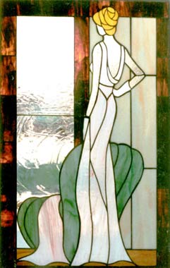 stained glass lady at window