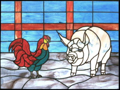 stained glass rooster and pig stained glass panel