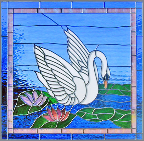 Custom stained and leaded glass swan window