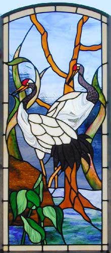 Oriental cranes stained and leaded glass window