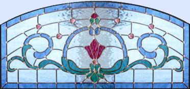 View closeup of stained and leaded art glass panel