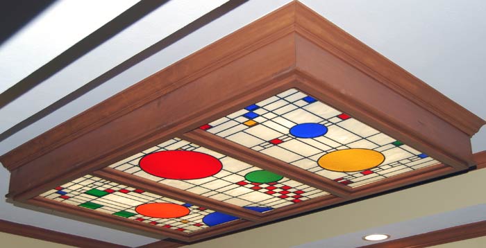 Custom stained glass abstract skylight windows inspired by the works of Frank Lloyd Wright custom at Glass by Design