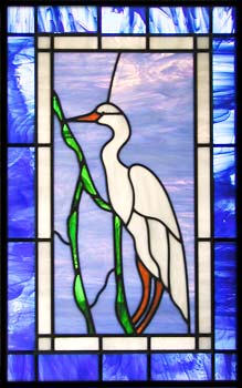 Custom white egret stained and leaded glass window
