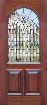 mahogany arched door with leaded glass bevel window