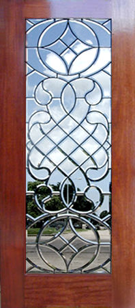 mahogany door with leaded glass all-beveled door window.