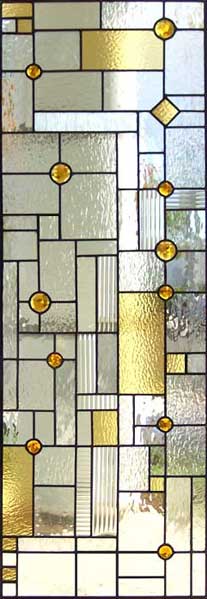 Custom abstract stained and leaded glass door window inspired by Frank Lloyd Wright